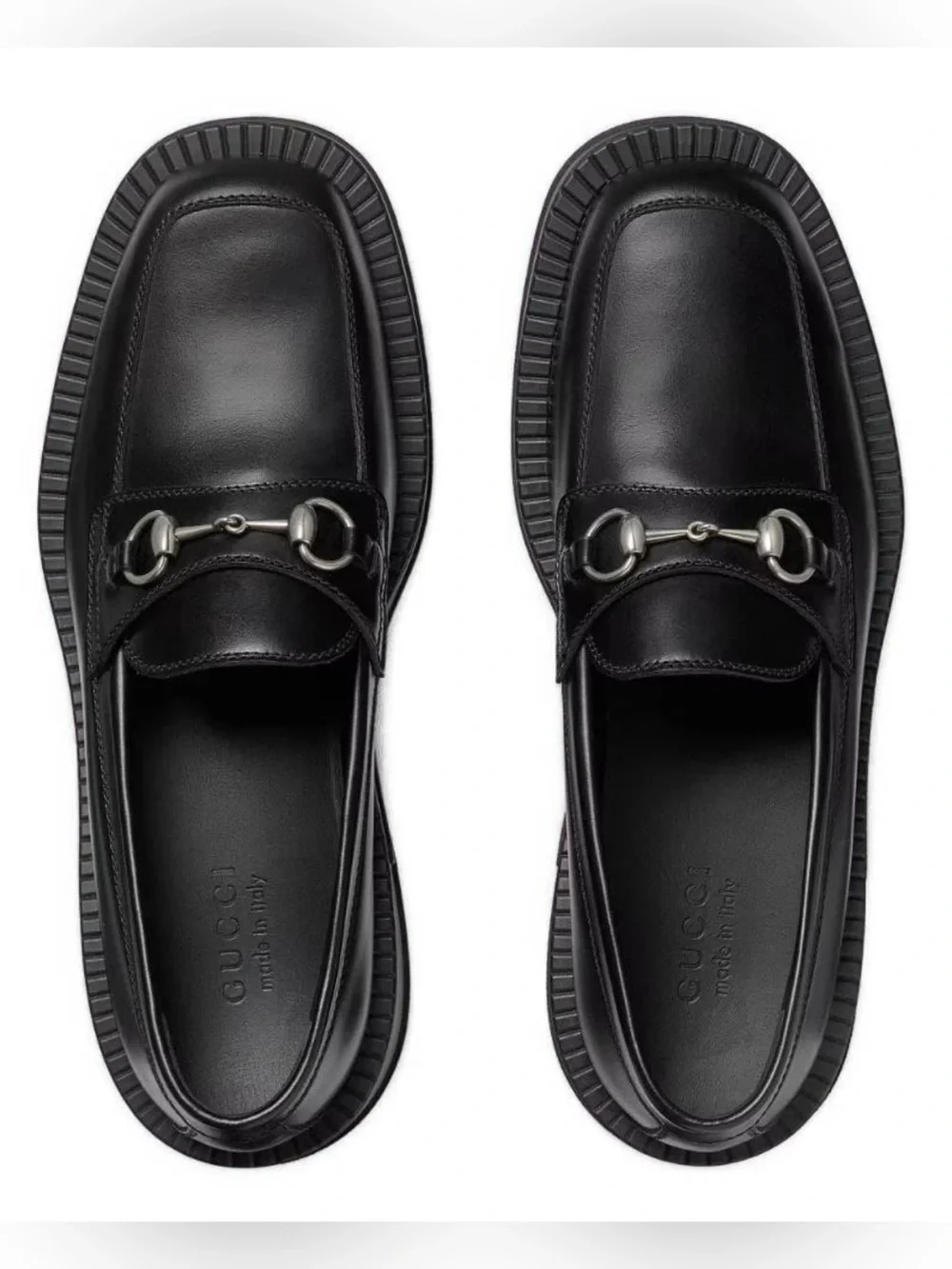 Gucci Black Leather Horsebit Lug Sole Loafers